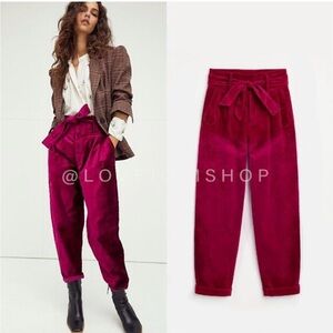 Free Pople High-Rise Velvet Paperbag Pants in Deep Magenta